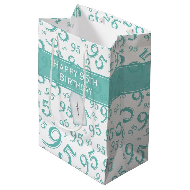 Happy 95th Random Number Pattern Teal/White Medium Gift Bag (Front Angled)