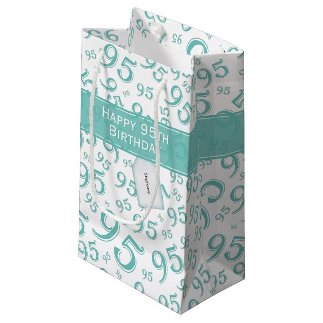 Happy 95th Random Number Pattern Teal/White Small Gift Bag (Front Angled)