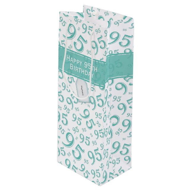 Happy 95th Random Number Pattern Teal/White Wine Gift Bag (Front Angled)