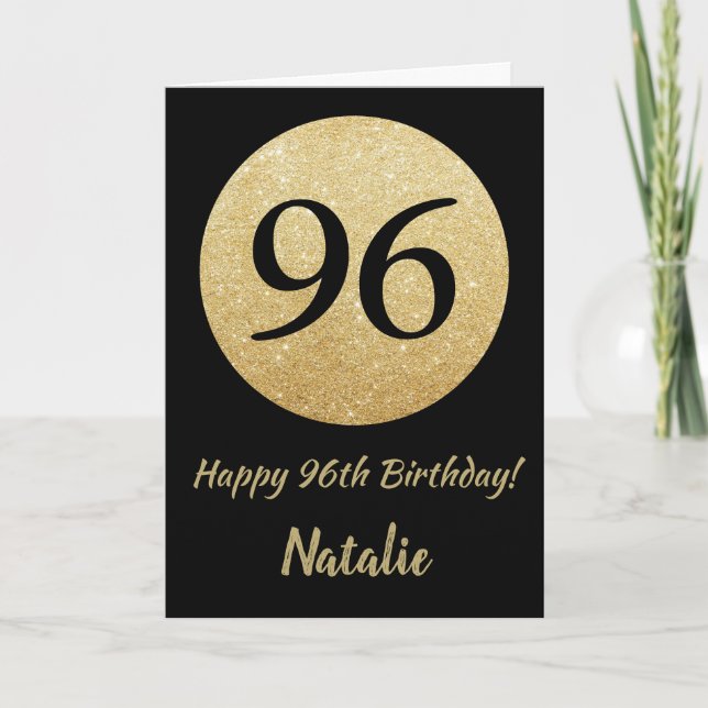 Happy 96th Birthday Black and Gold Glitter Card (Front)