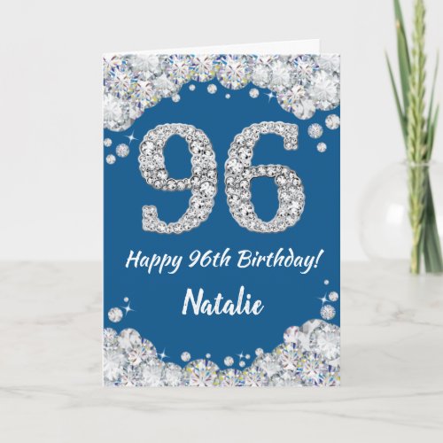 Happy 96th Birthday Blue and Silver Glitter Card