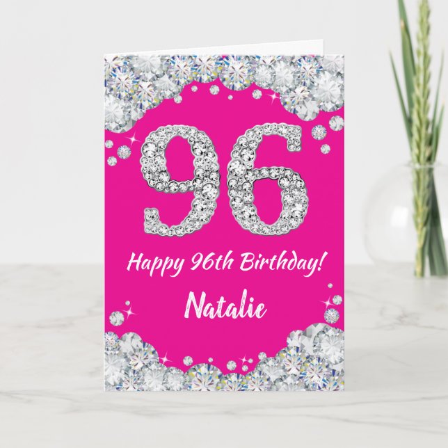 Happy 96th Birthday Hot Pink and Silver Glitter Card (Front)