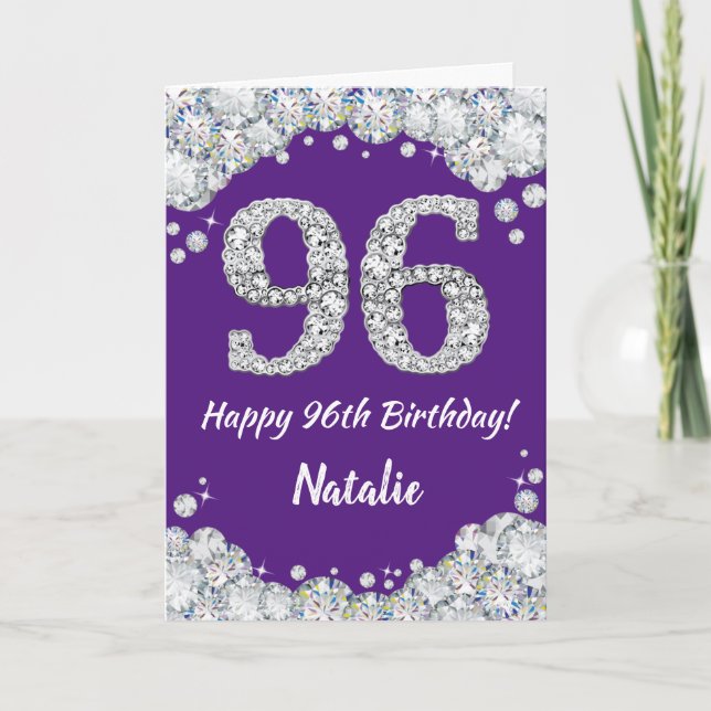 Happy 96th Birthday Purple and Silver Glitter Card (Front)