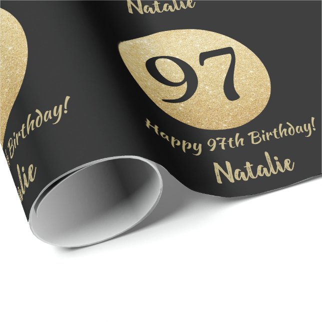 Happy 97th Birthday Black and Gold Glitter Wrapping Paper (Roll Corner)