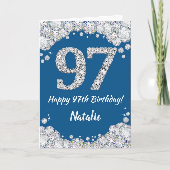 Happy 97th Birthday Blue and Silver Glitter Card (Front)