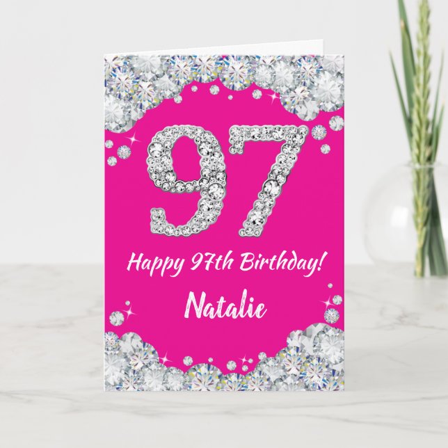 Happy 97th Birthday Hot Pink and Silver Glitter Card (Front)