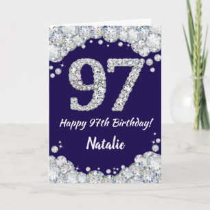 Happy 97th Birthday Navy Blue and Silver Glitter Card