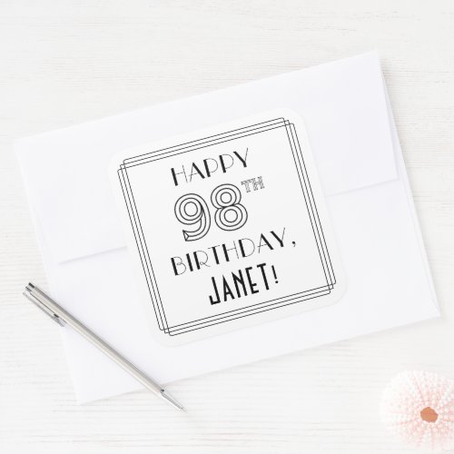 HAPPY 98TH BIRTHDAY Art Deco Style Custom Name Square Sticker