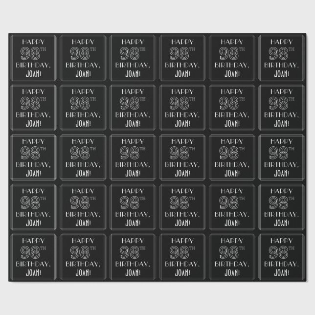 HAPPY 98TH BIRTHDAY; Art Deco Style w/ Custom Name Wrapping Paper (Seam)