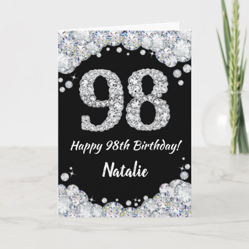 Happy 98th Birthday Black and Silver Glitter Card