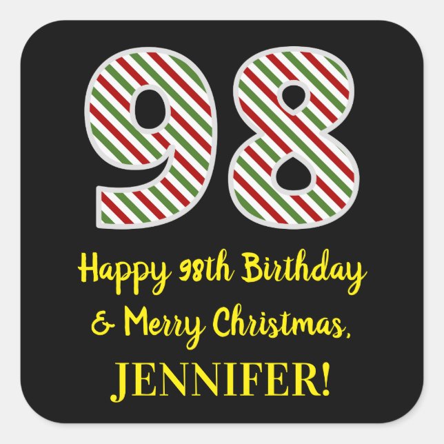 Happy 98th Birthday & Merry Christmas, Custom Name Square Sticker (Front)