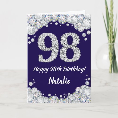 Happy 98th Birthday Navy Blue and Silver Glitter Card