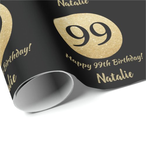 Happy 99th Birthday Black and Gold Glitter Wrapping Paper