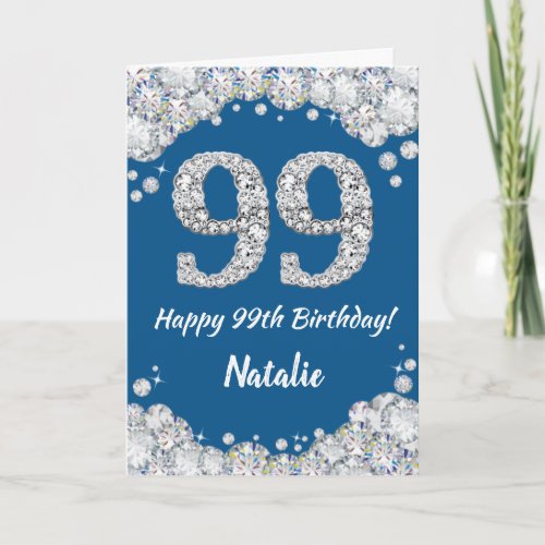 Happy 99th Birthday Blue and Silver Glitter Card