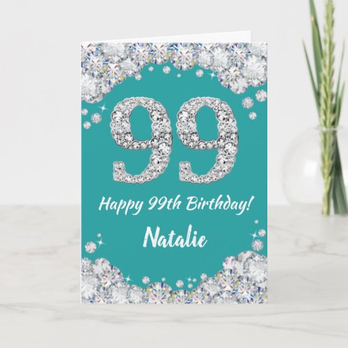 Happy 99th Birthday Teal and Silver Glitter Card