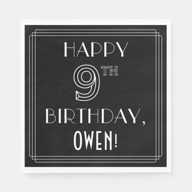 HAPPY 9TH BIRTHDAY; Art Deco Style; Custom Name Napkins (Front)