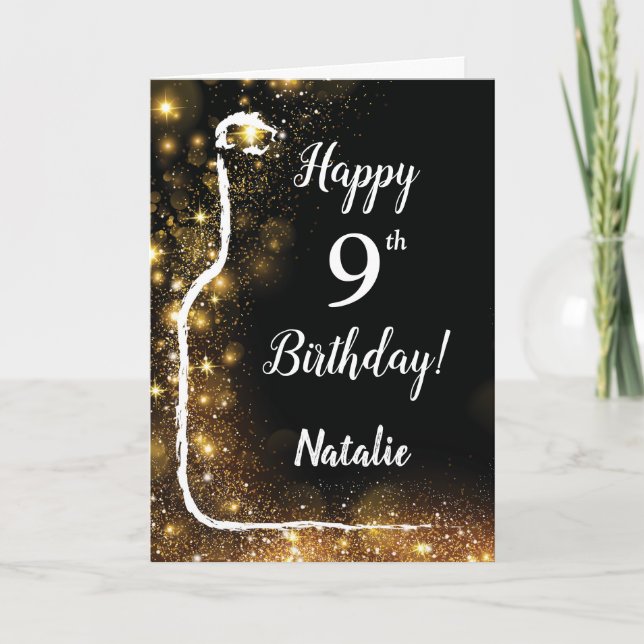 Happy 9th Birthday Black and Gold Glitter Wine Card (Front)