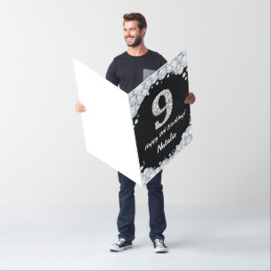 Happy 9th Birthday Black and Silver Glitter Jumbo Card