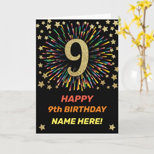 Happy 9th Birthday Black  Gold Rainbow Firework Card