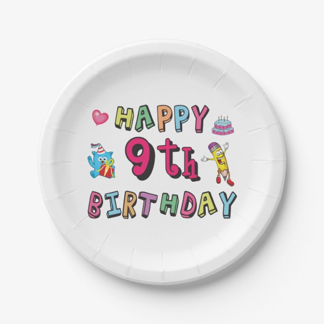 Happy 9th Birthday for 9 year old Kids B-day Paper Plates (Front)