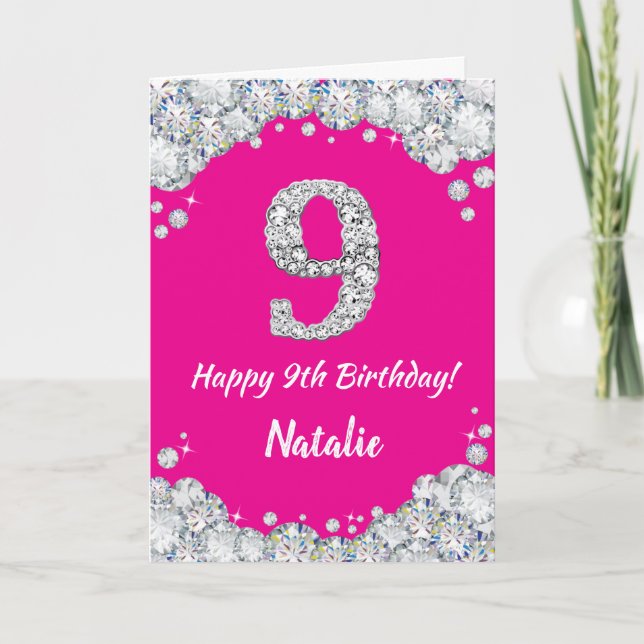 Happy 9th Birthday Hot Pink and Silver Glitter Card (Front)