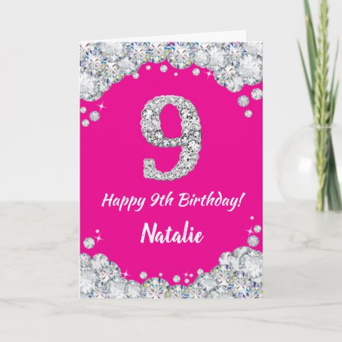 Happy 9th Birthday Hot Pink and Silver Glitter Card