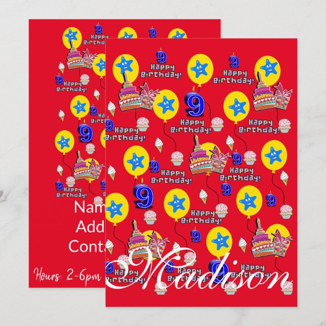 Happy 9th Birthday Invitation Birthday #9 Red (Front/Back)