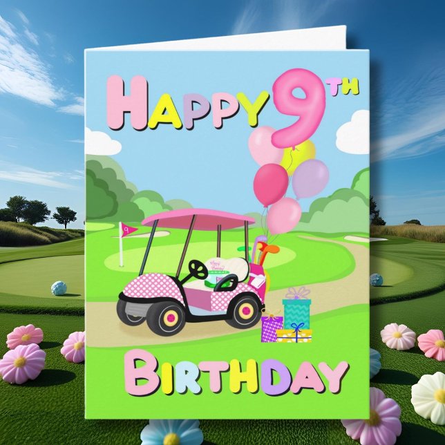 Happy 9th Birthday Polka Dot Pink Girly Golf Card (Creator Uploaded)