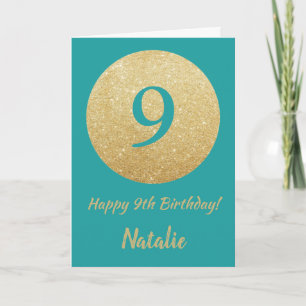 Happy 9th Birthday Teal and Gold Glitter Card