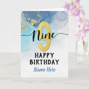 Happy 9th Birthday Watercolor Blue & gold Boy Card