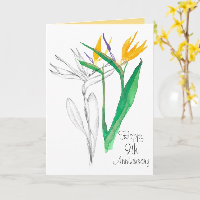Happy 9th Wedding Anniversary Bird Of Paradise Card (Yellow Flower)