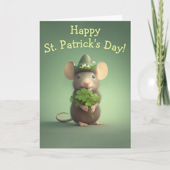 Happy Adorable Mouse St. Patrick's Day Holiday Card (Front)