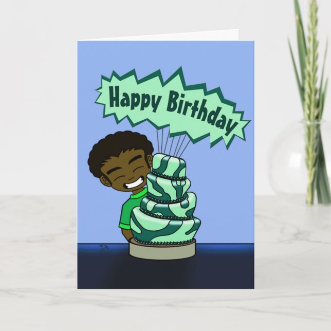 Happy African American Boy and Cake Birthday Card (Front)