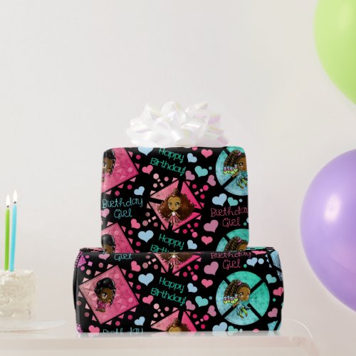 Happy African American Girls Hearts Cute Wrapping Paper