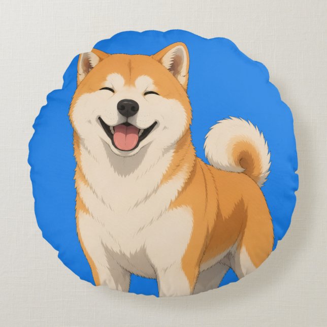 Happy Akita Dog Design Round Pillow (Front)