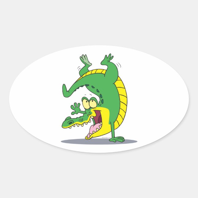 happy alligator crocodile cartoon dancing oval sticker (Front)