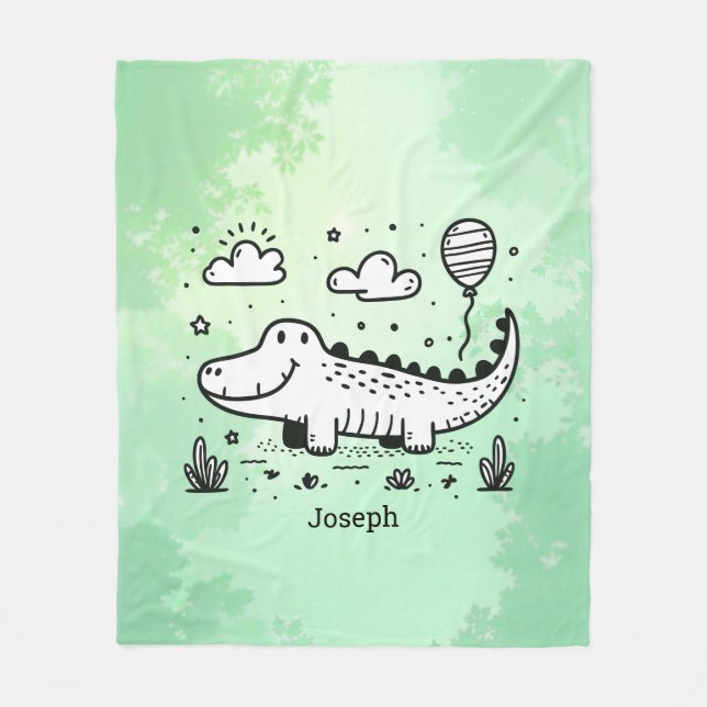 Happy Alligator with Balloon - Cute Nursery Art Fleece Blanket (Front)