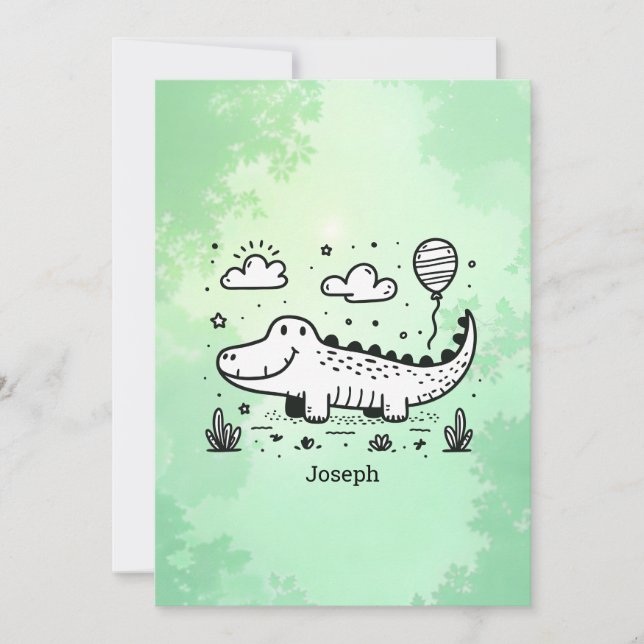 Happy Alligator with Balloon - Cute Nursery Art Invitation (Front)