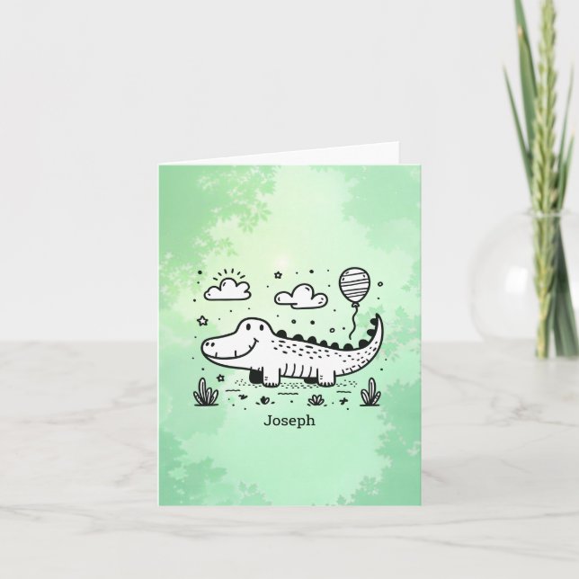 Happy Alligator with Balloon - Cute Nursery Art Thank You Card (Front)
