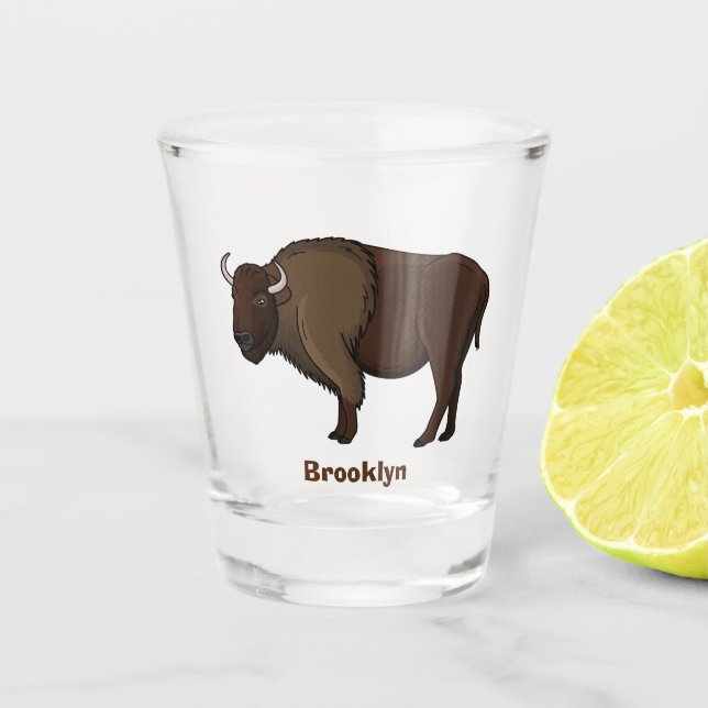 Happy American bison buffalo illustration  Shot Glass (Front)