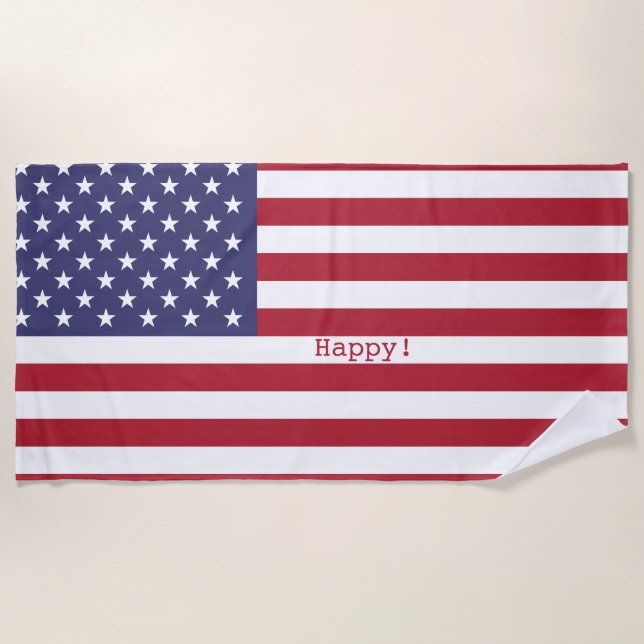 Happy! American USA Flag 4th of July Personalize Beach Towel (Front)