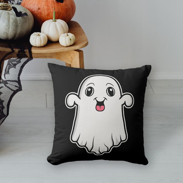 Happy And Cute Cartoon Ghost Halloween Black White Throw Pillow (This design adds some spooky detail to a space for the Halloween season.)