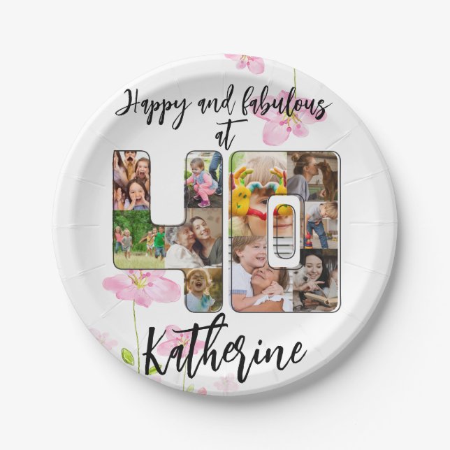 Happy and Fabulous 40th Birthday Multi Photo Paper Plates (Front)