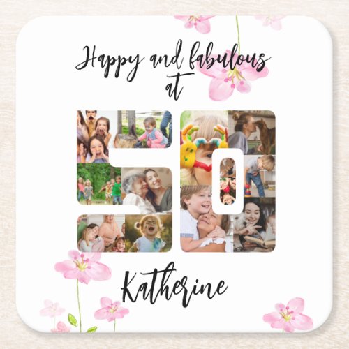Happy and Fabulous 50th Birthday Multi Photo  Square Paper Coaster
