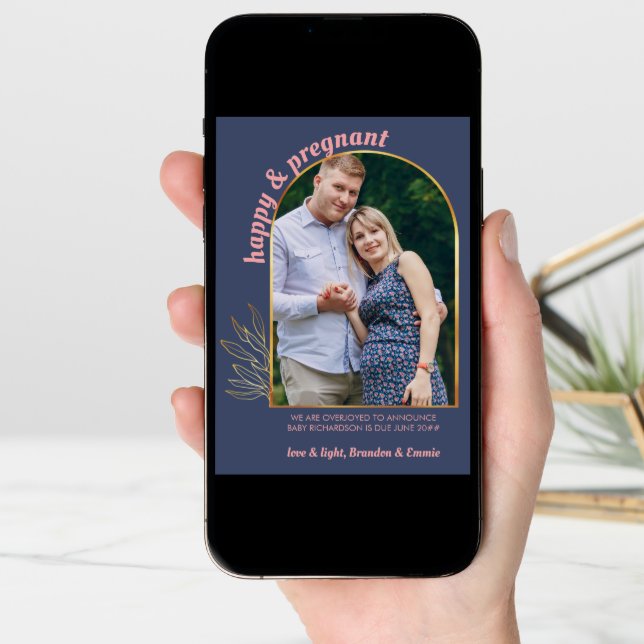 Happy and Pregnant Gold Arch Photo Pregnancy Announcement (Front Digital)
