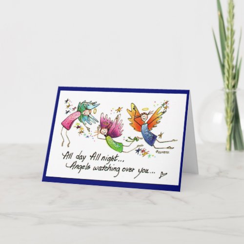 Happy angels of red green blue in sun  stars card