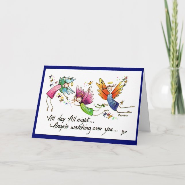 Happy angels of red, green, blue, in sun & stars card (Front)