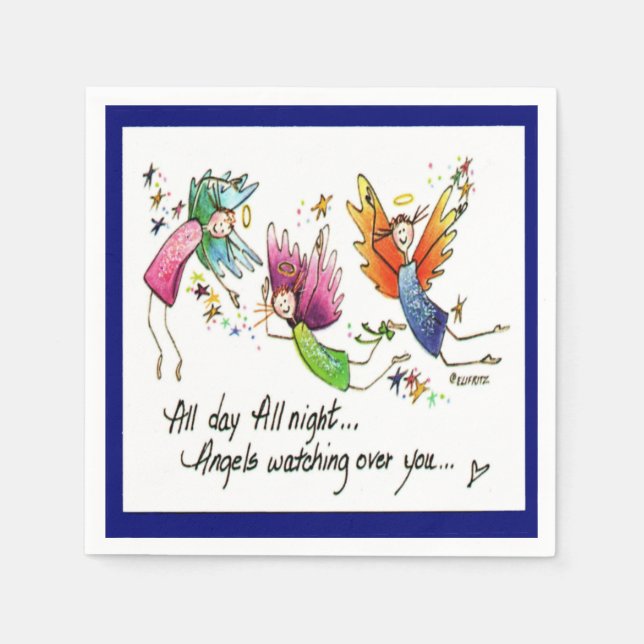 Happy angels of red, green, blue, in sun & stars napkins (Front)