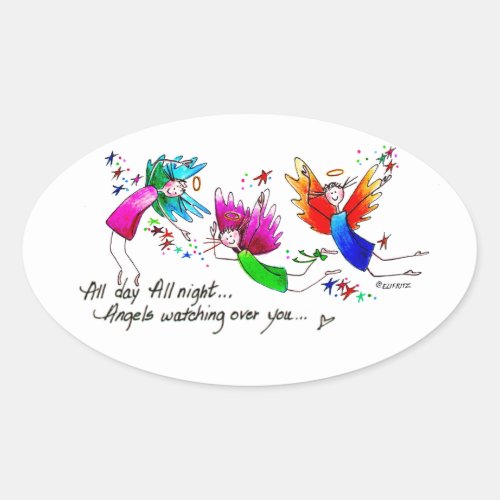 Happy angels of red green blue in sun  stars oval sticker