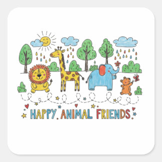Happy Animal Friends Square Sticker